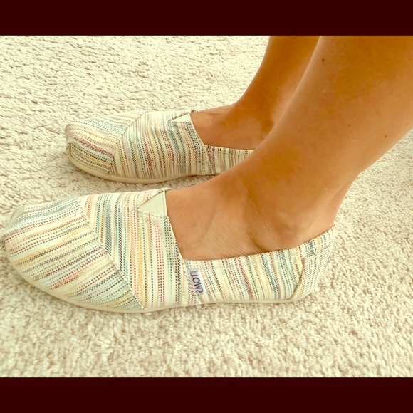 Toms Shoes - Slip on canvas Toms. Earthy tones, striped.